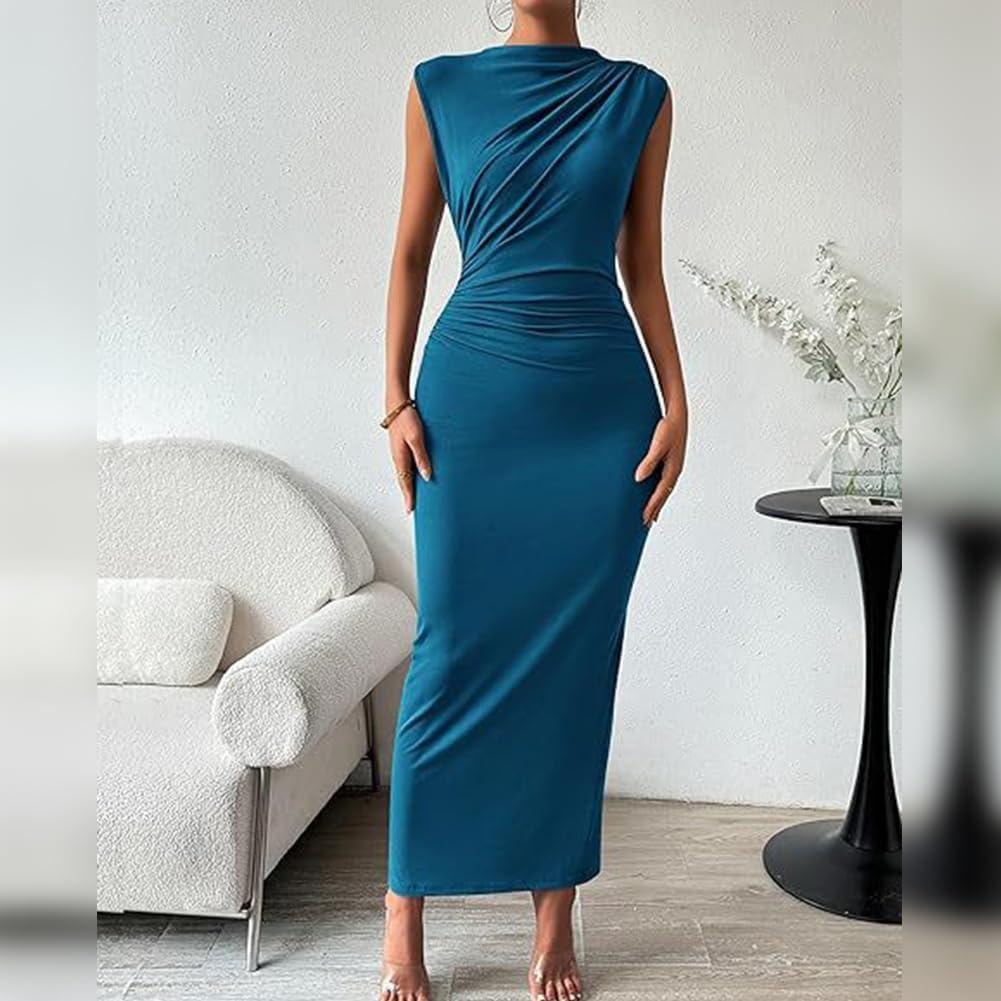 imageIDOPIP Women Formal Mock Neck Ruched Bodycon Dress Elegant Sleeveless Maxi Dress Prom Cocktail Party Wedding Guest OutfitBlue