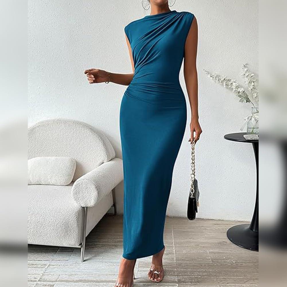 imageIDOPIP Women Formal Mock Neck Ruched Bodycon Dress Elegant Sleeveless Maxi Dress Prom Cocktail Party Wedding Guest OutfitBlue