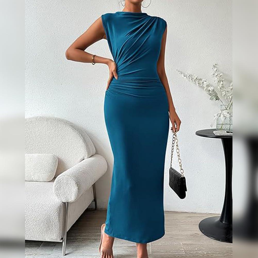 imageIDOPIP Women Formal Mock Neck Ruched Bodycon Dress Elegant Sleeveless Maxi Dress Prom Cocktail Party Wedding Guest OutfitBlue