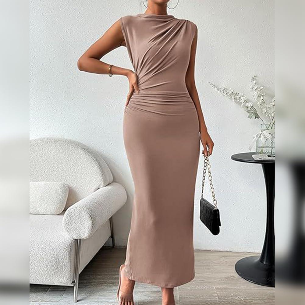 imageIDOPIP Women Formal Mock Neck Ruched Bodycon Dress Elegant Sleeveless Maxi Dress Prom Cocktail Party Wedding Guest OutfitKhaki