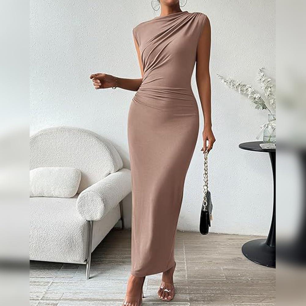 imageIDOPIP Women Formal Mock Neck Ruched Bodycon Dress Elegant Sleeveless Maxi Dress Prom Cocktail Party Wedding Guest OutfitKhaki