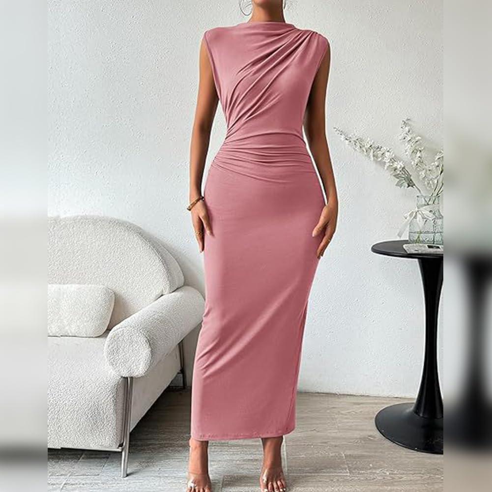 imageIDOPIP Women Formal Mock Neck Ruched Bodycon Dress Elegant Sleeveless Maxi Dress Prom Cocktail Party Wedding Guest OutfitPink