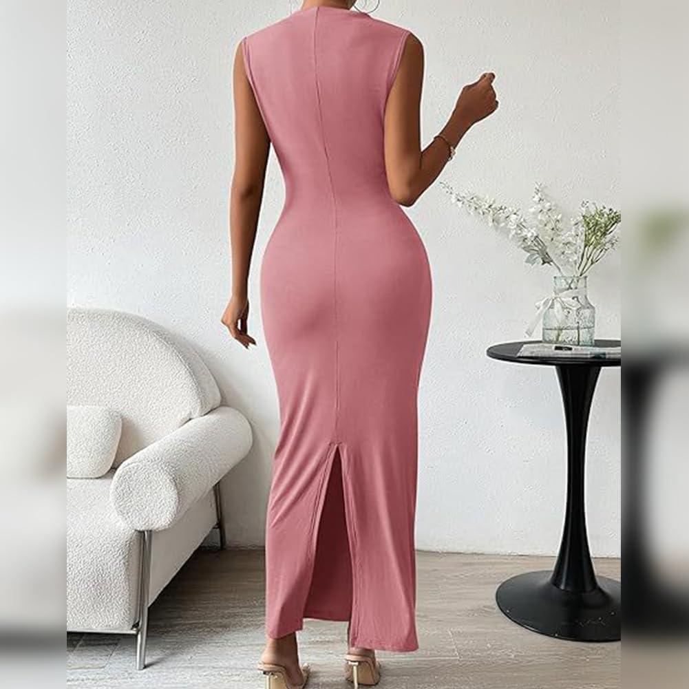 imageIDOPIP Women Formal Mock Neck Ruched Bodycon Dress Elegant Sleeveless Maxi Dress Prom Cocktail Party Wedding Guest OutfitPink
