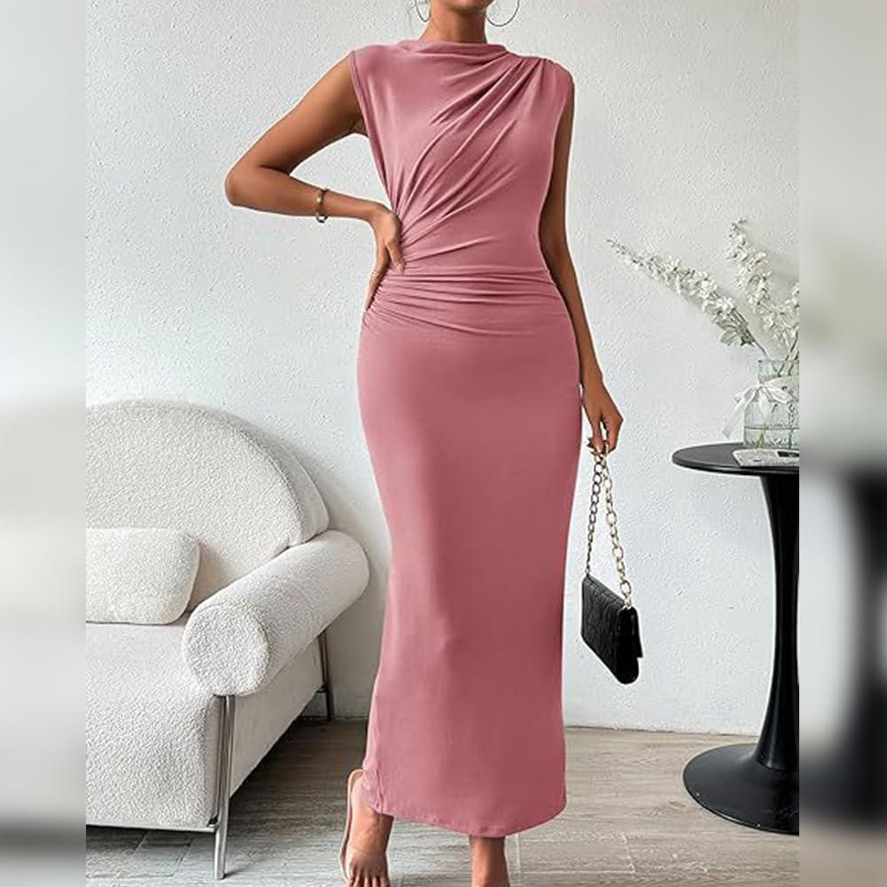 imageIDOPIP Women Formal Mock Neck Ruched Bodycon Dress Elegant Sleeveless Maxi Dress Prom Cocktail Party Wedding Guest OutfitPink
