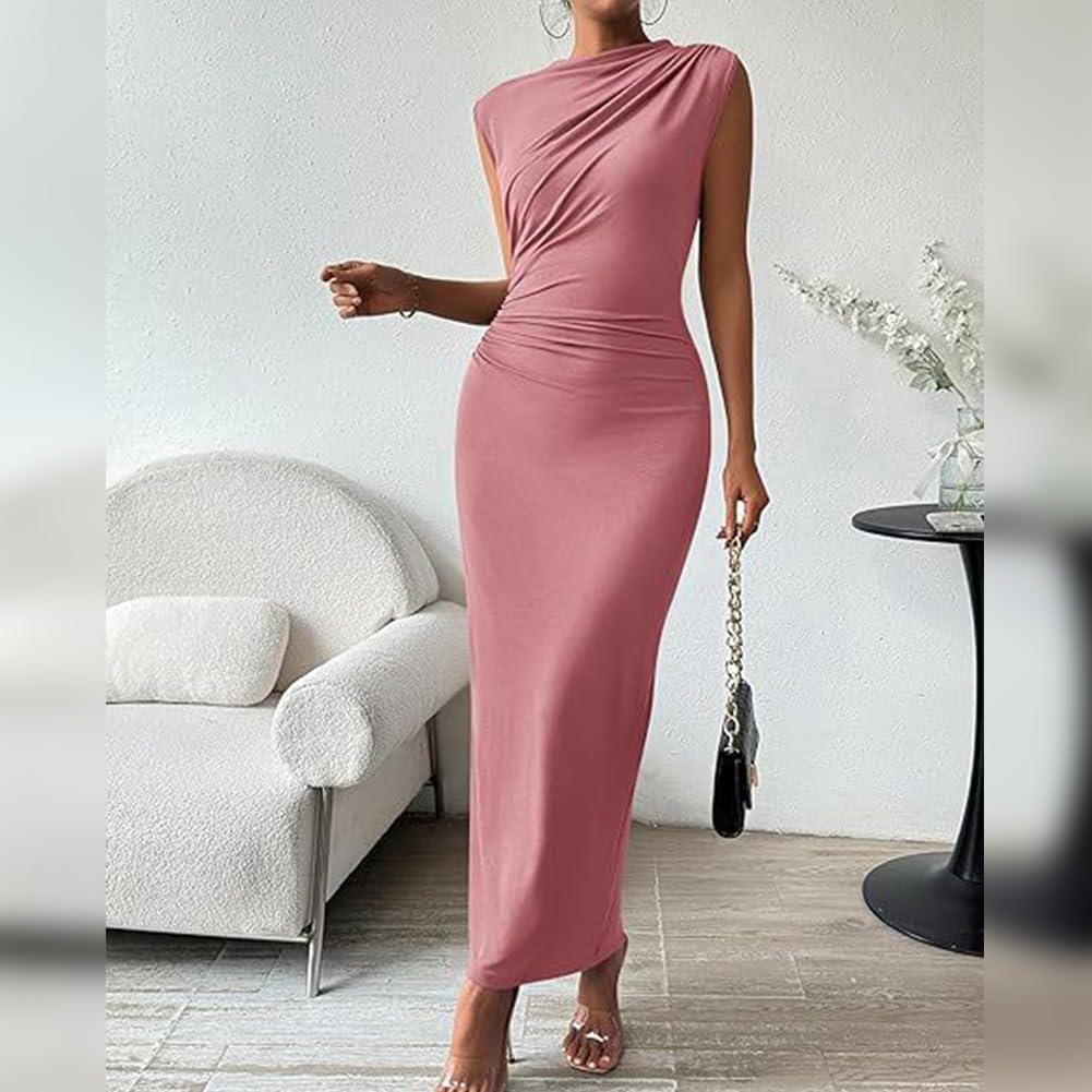 imageIDOPIP Women Formal Mock Neck Ruched Bodycon Dress Elegant Sleeveless Maxi Dress Prom Cocktail Party Wedding Guest OutfitPink