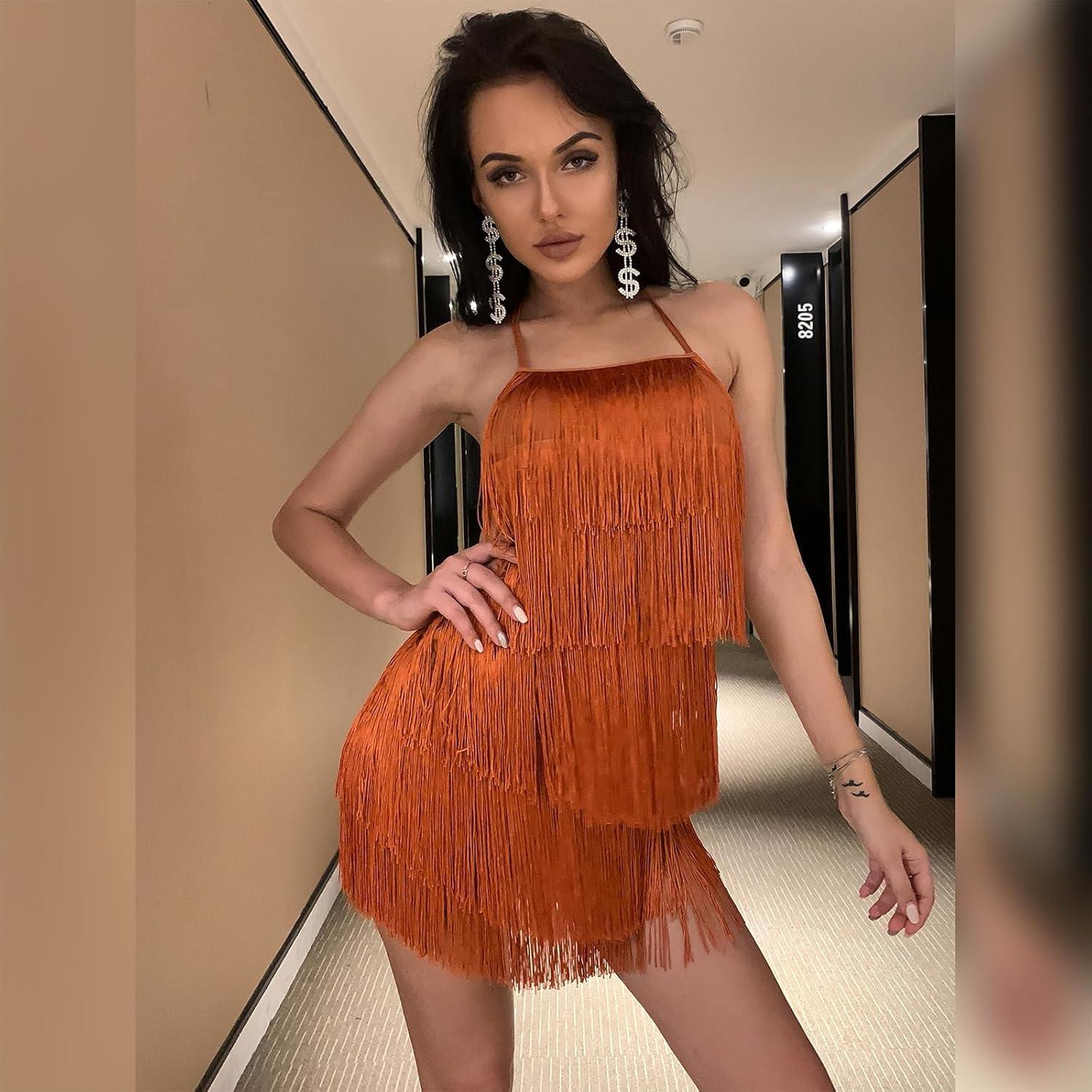 imageIDOPIP Women Halter Tassel Fringe Romper Dressy Sexy Backless Music Festival Club Party Jumpsuit Sleeveless Tie Back PlaysuitBrown