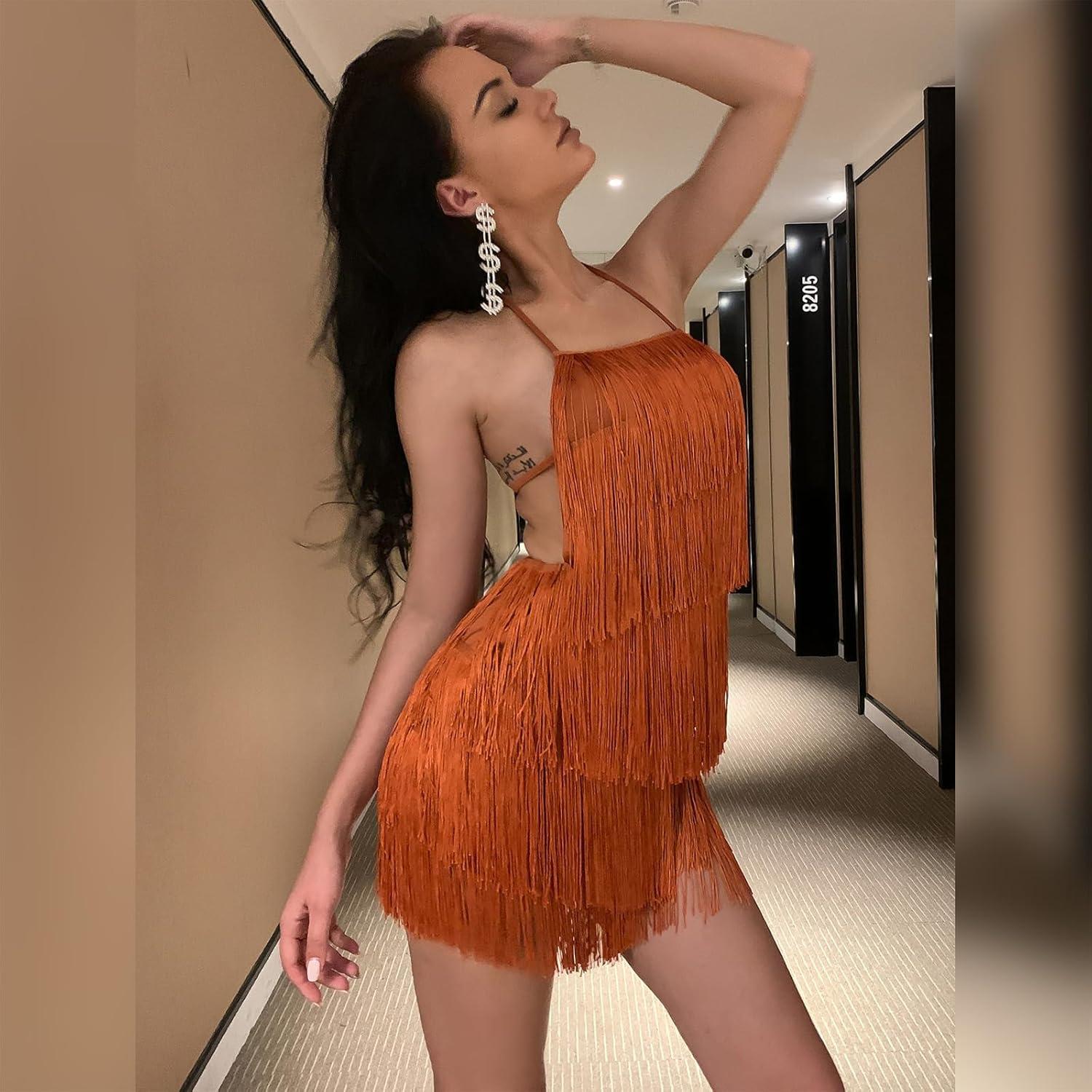 imageIDOPIP Women Halter Tassel Fringe Romper Dressy Sexy Backless Music Festival Club Party Jumpsuit Sleeveless Tie Back PlaysuitBrown