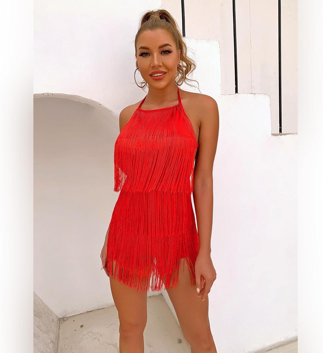imageIDOPIP Women Halter Tassel Fringe Romper Dressy Sexy Backless Music Festival Club Party Jumpsuit Sleeveless Tie Back PlaysuitRed