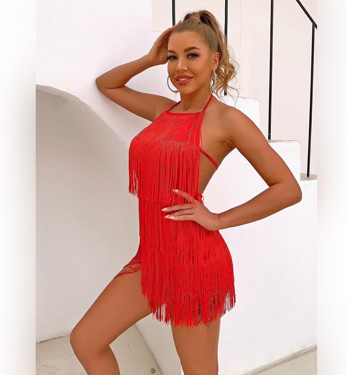 imageIDOPIP Women Halter Tassel Fringe Romper Dressy Sexy Backless Music Festival Club Party Jumpsuit Sleeveless Tie Back PlaysuitRed