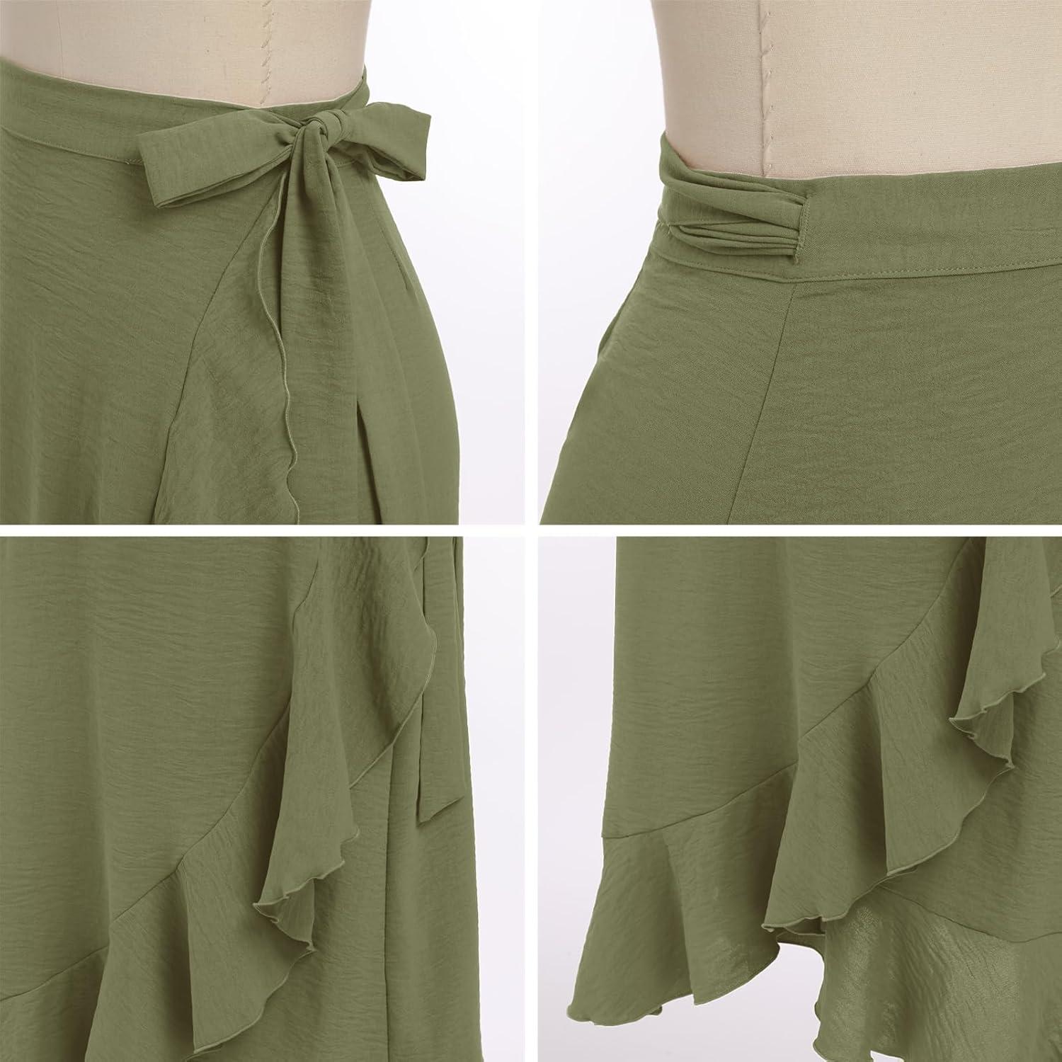 imageIDOPIP Women Irregular HighLow Hem Wrap Skirt Elegant High Waist Tie Side Midi Skirt Casual Summer Beach Ruffle Aline SkirtArmy Green