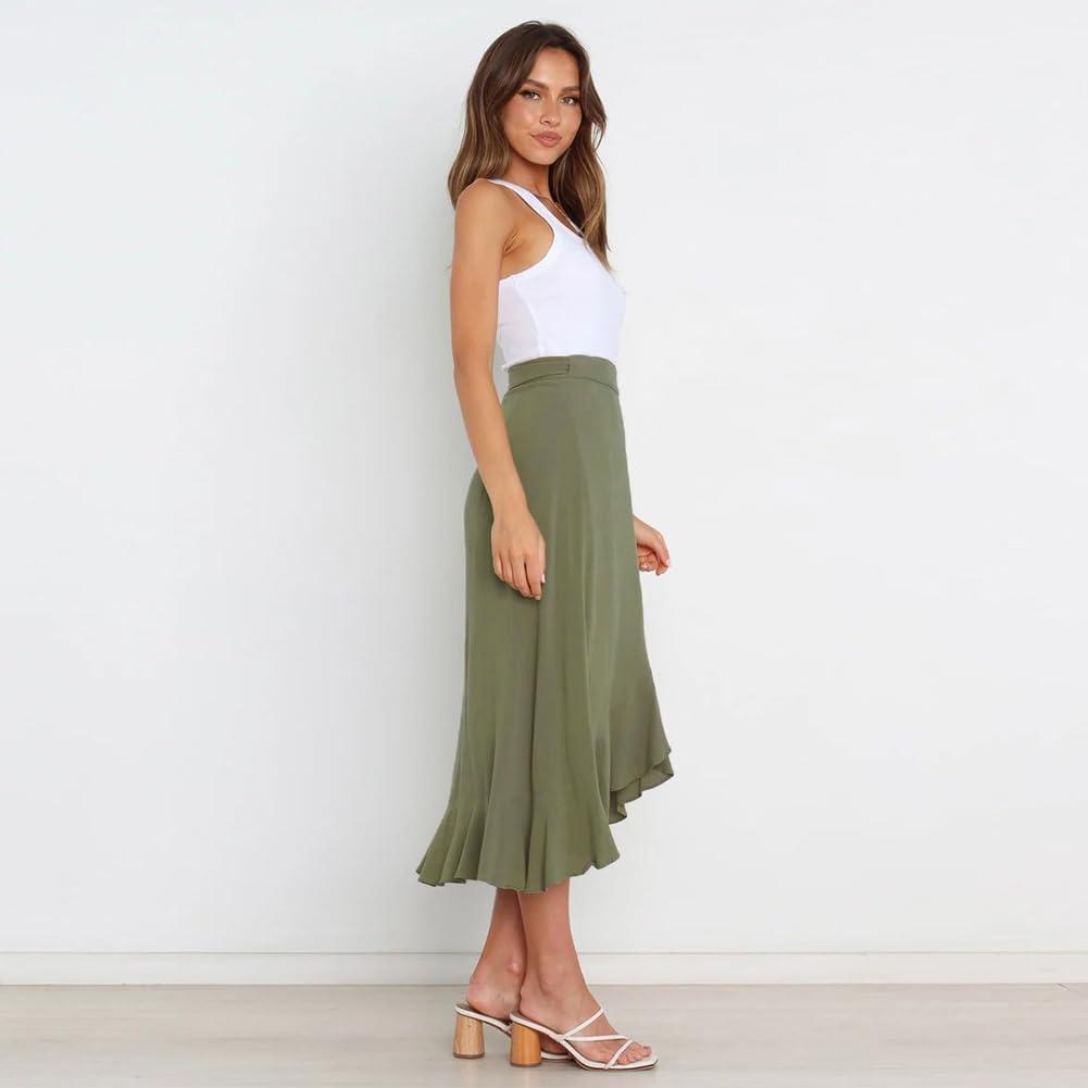 imageIDOPIP Women Irregular HighLow Hem Wrap Skirt Elegant High Waist Tie Side Midi Skirt Casual Summer Beach Ruffle Aline SkirtArmy Green