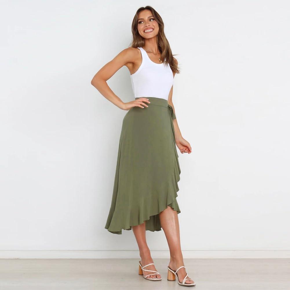 imageIDOPIP Women Irregular HighLow Hem Wrap Skirt Elegant High Waist Tie Side Midi Skirt Casual Summer Beach Ruffle Aline SkirtArmy Green