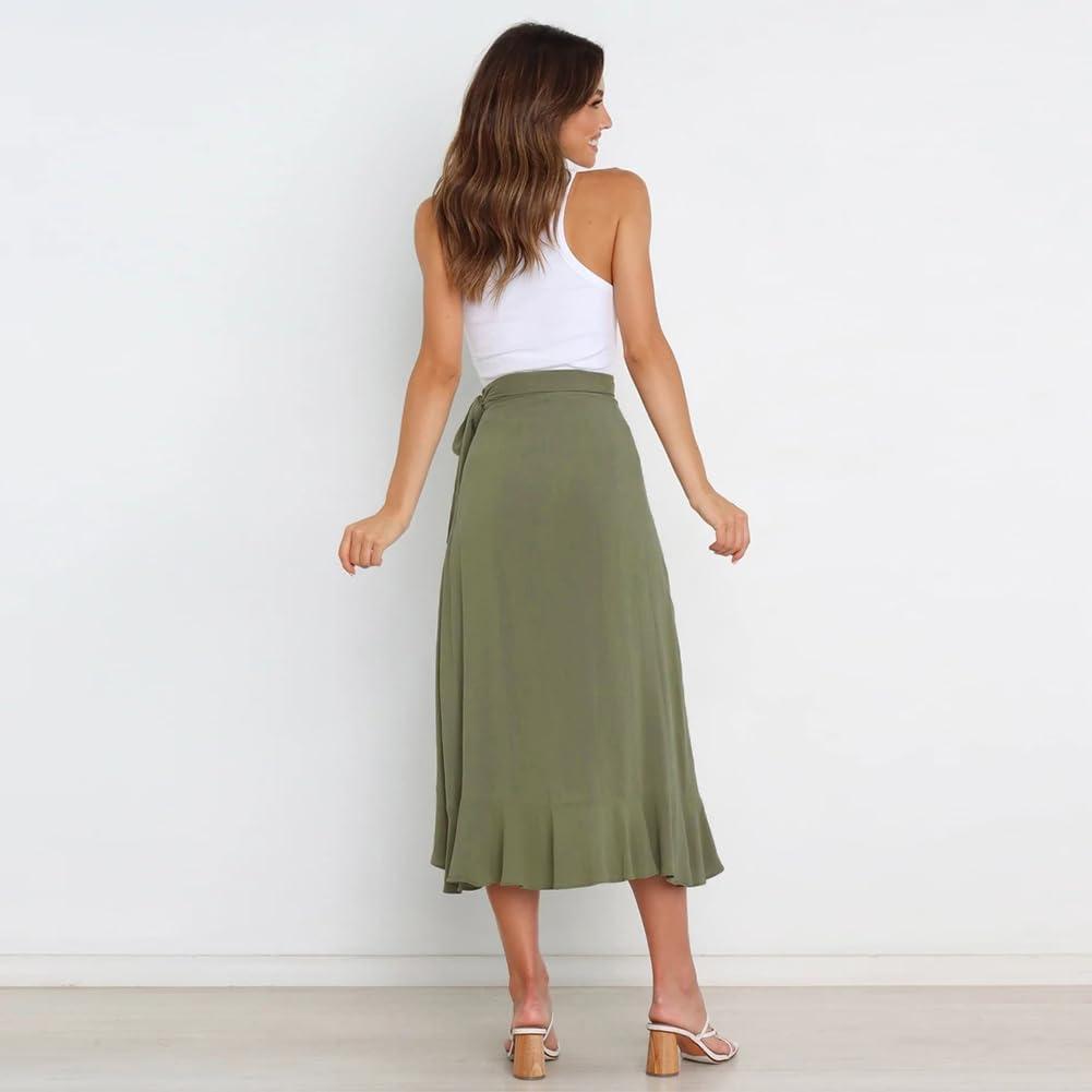imageIDOPIP Women Irregular HighLow Hem Wrap Skirt Elegant High Waist Tie Side Midi Skirt Casual Summer Beach Ruffle Aline SkirtArmy Green
