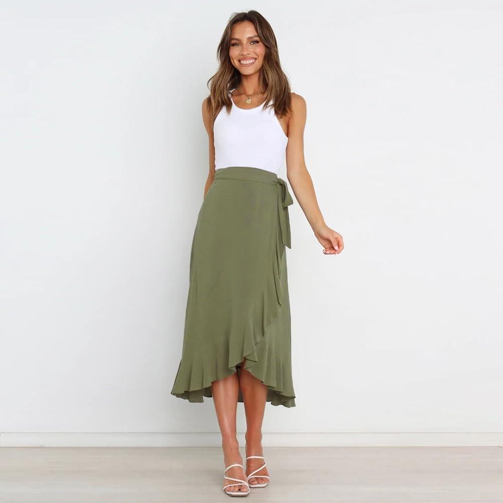 imageIDOPIP Women Irregular HighLow Hem Wrap Skirt Elegant High Waist Tie Side Midi Skirt Casual Summer Beach Ruffle Aline SkirtArmy Green