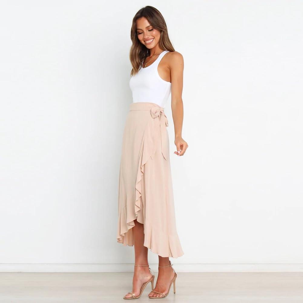 imageIDOPIP Women Irregular HighLow Hem Wrap Skirt Elegant High Waist Tie Side Midi Skirt Casual Summer Beach Ruffle Aline SkirtBeige