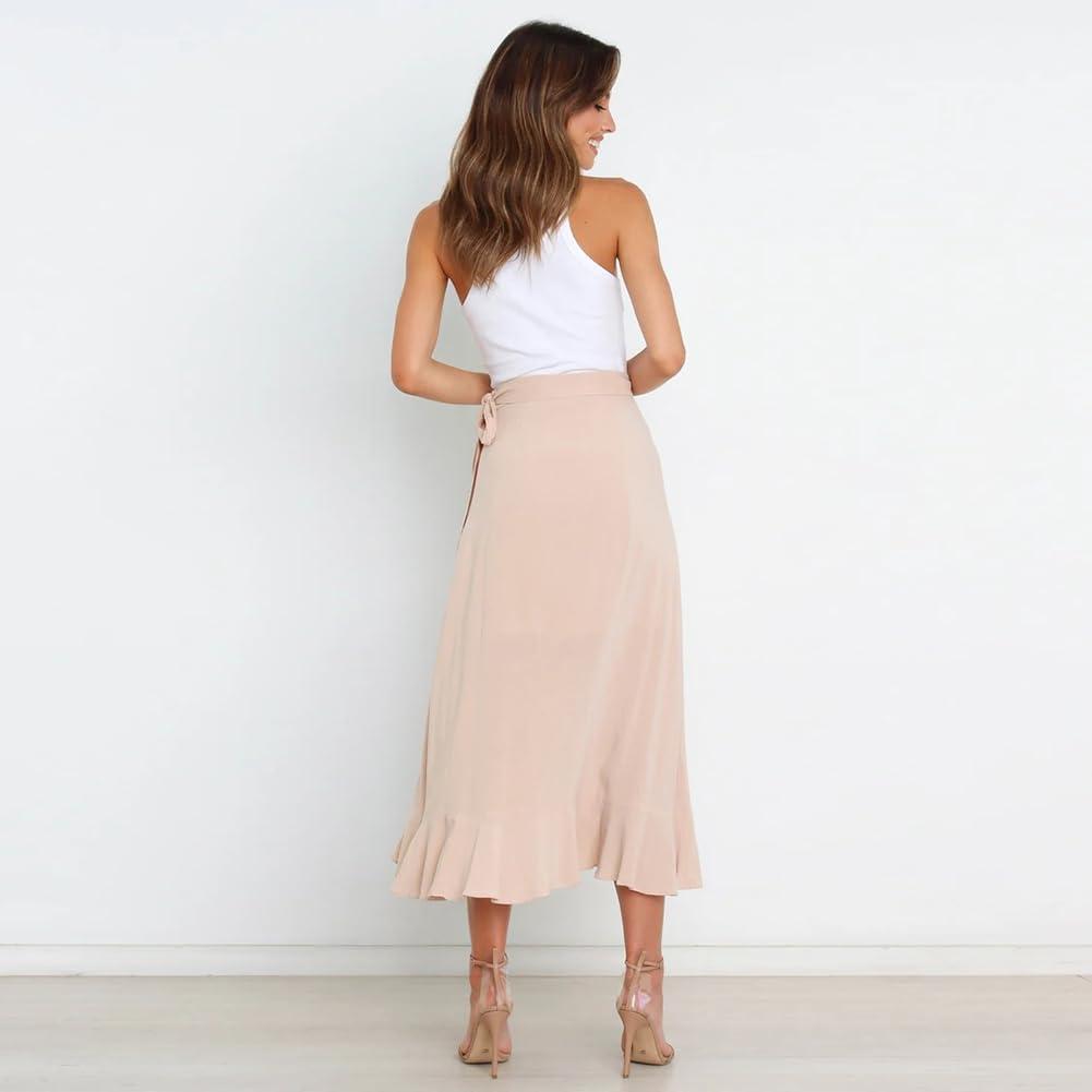 imageIDOPIP Women Irregular HighLow Hem Wrap Skirt Elegant High Waist Tie Side Midi Skirt Casual Summer Beach Ruffle Aline SkirtBeige