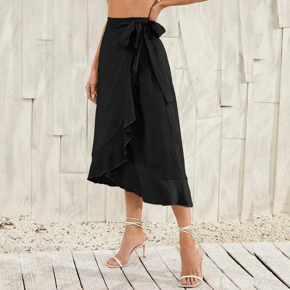 imageIDOPIP Women Irregular HighLow Hem Wrap Skirt Elegant High Waist Tie Side Midi Skirt Casual Summer Beach Ruffle Aline SkirtBlack