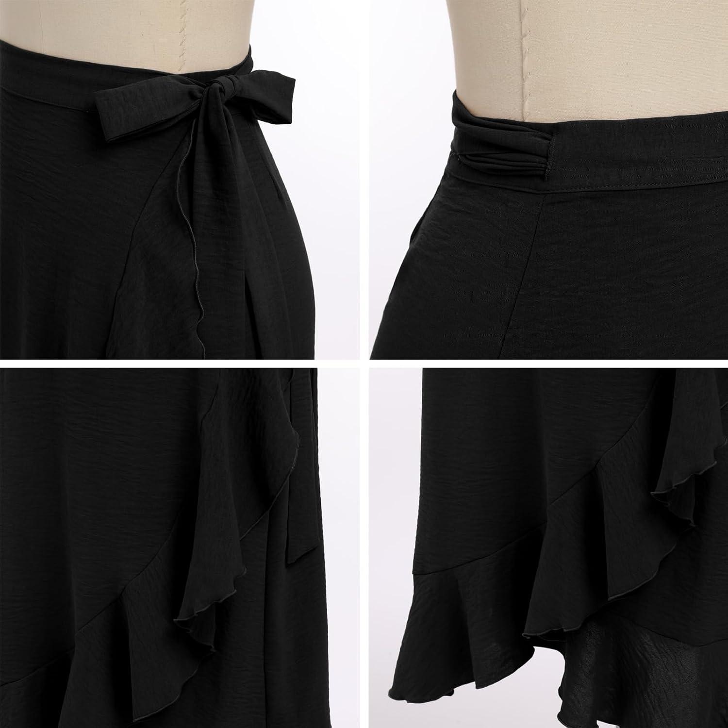 imageIDOPIP Women Irregular HighLow Hem Wrap Skirt Elegant High Waist Tie Side Midi Skirt Casual Summer Beach Ruffle Aline SkirtBlack