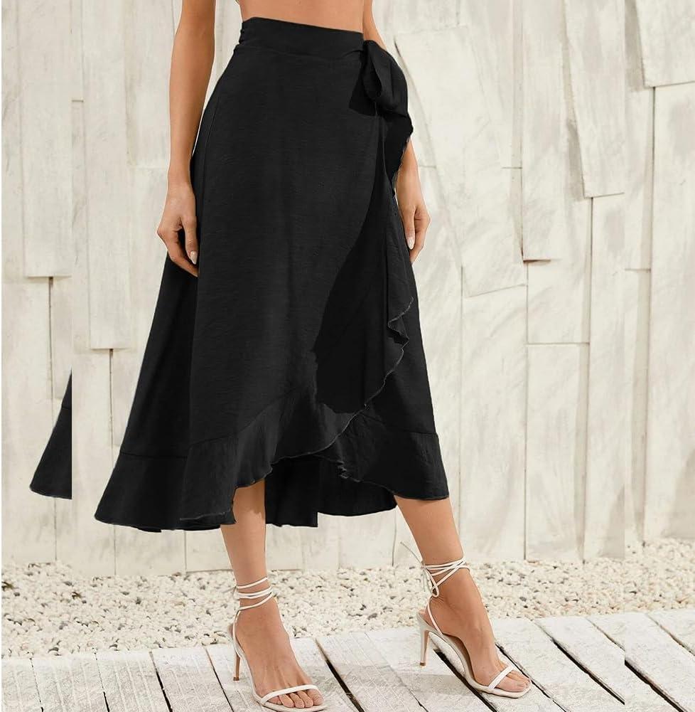 imageIDOPIP Women Irregular HighLow Hem Wrap Skirt Elegant High Waist Tie Side Midi Skirt Casual Summer Beach Ruffle Aline SkirtBlack
