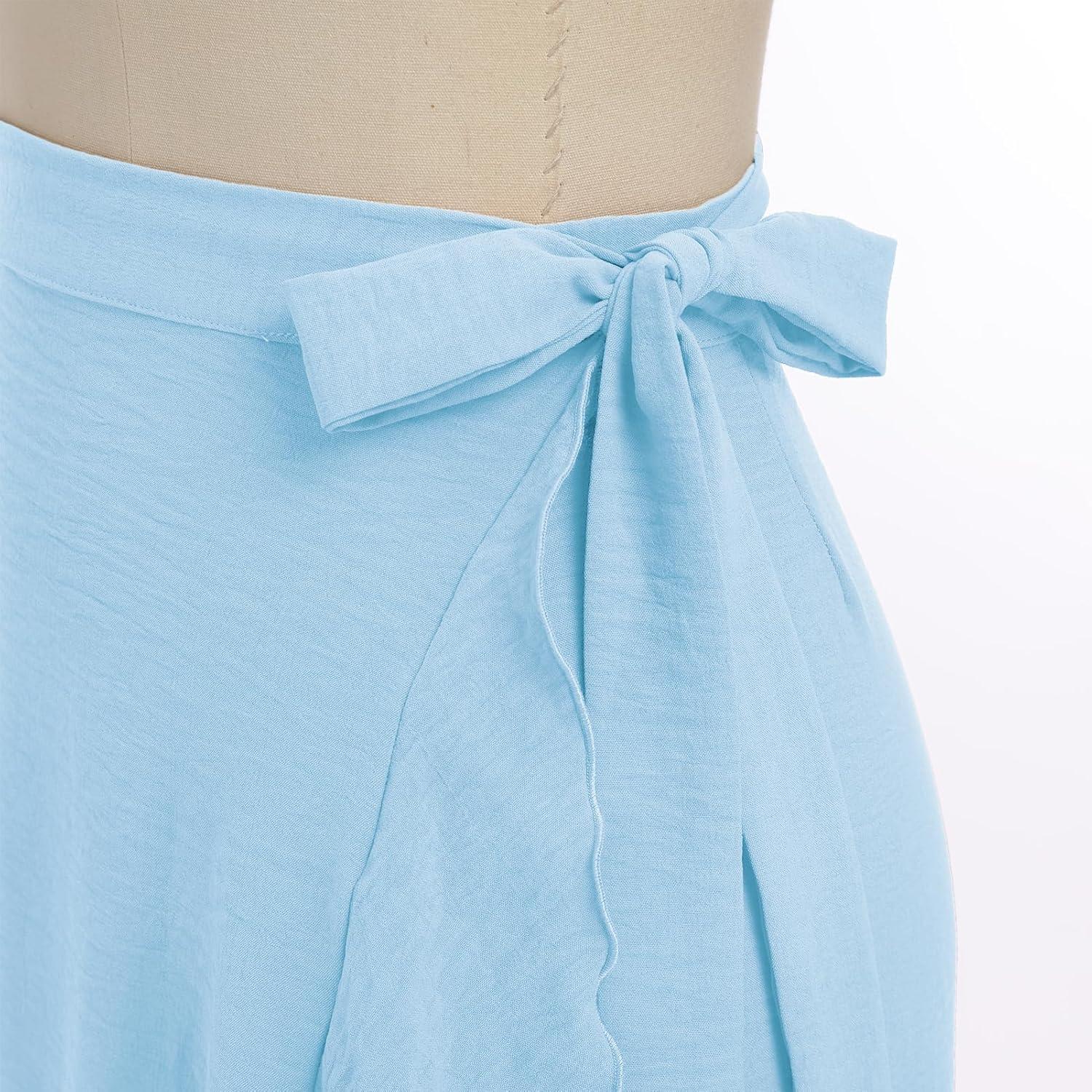 imageIDOPIP Women Irregular HighLow Hem Wrap Skirt Elegant High Waist Tie Side Midi Skirt Casual Summer Beach Ruffle Aline SkirtBlue