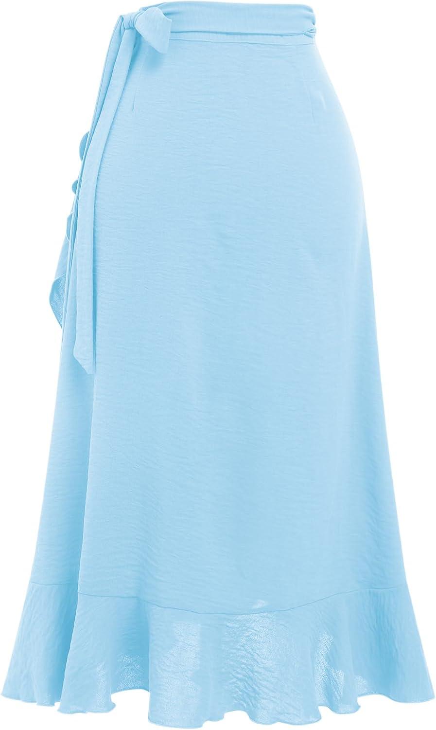 imageIDOPIP Women Irregular HighLow Hem Wrap Skirt Elegant High Waist Tie Side Midi Skirt Casual Summer Beach Ruffle Aline SkirtBlue