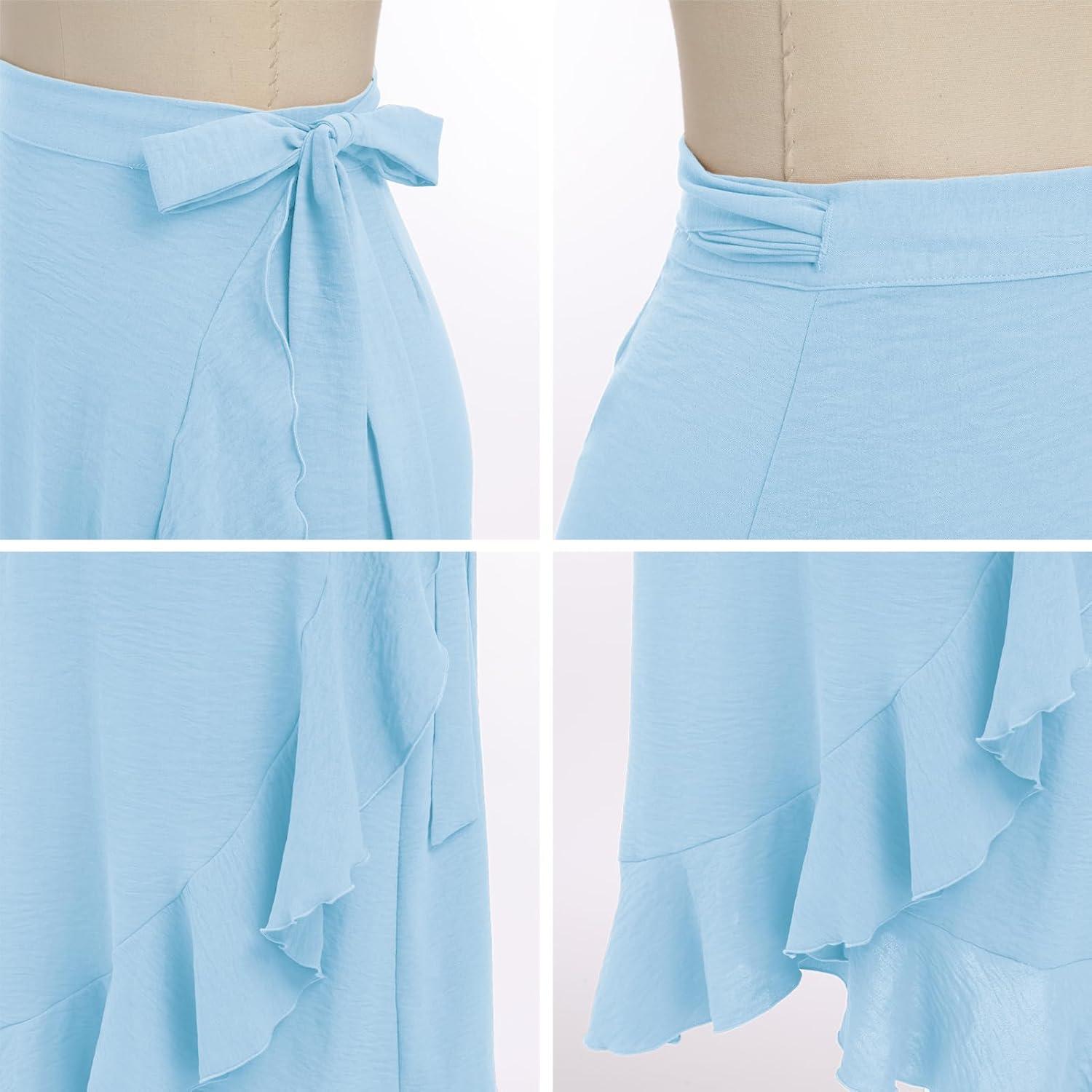 imageIDOPIP Women Irregular HighLow Hem Wrap Skirt Elegant High Waist Tie Side Midi Skirt Casual Summer Beach Ruffle Aline SkirtBlue