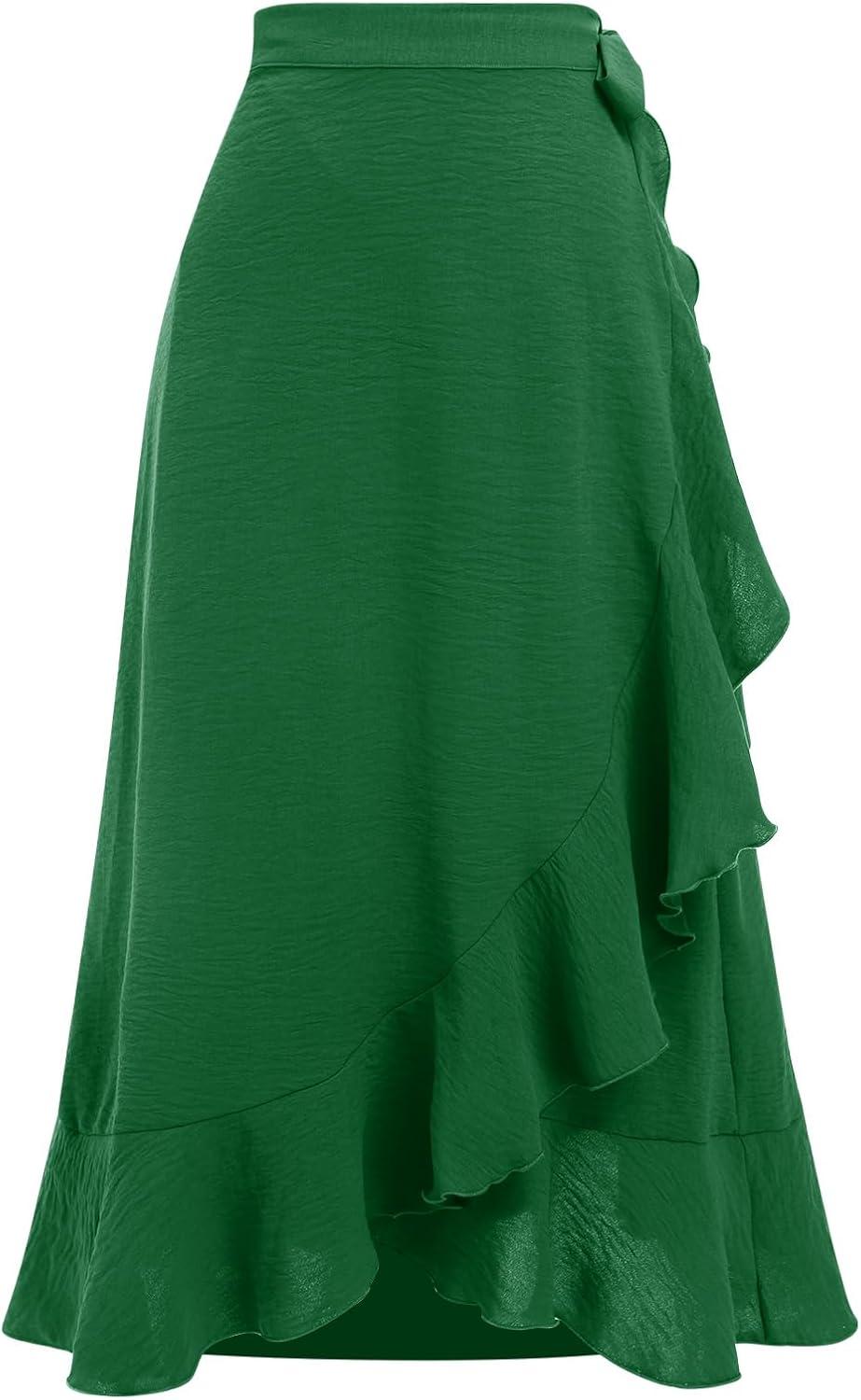 imageIDOPIP Women Irregular HighLow Hem Wrap Skirt Elegant High Waist Tie Side Midi Skirt Casual Summer Beach Ruffle Aline SkirtGreen