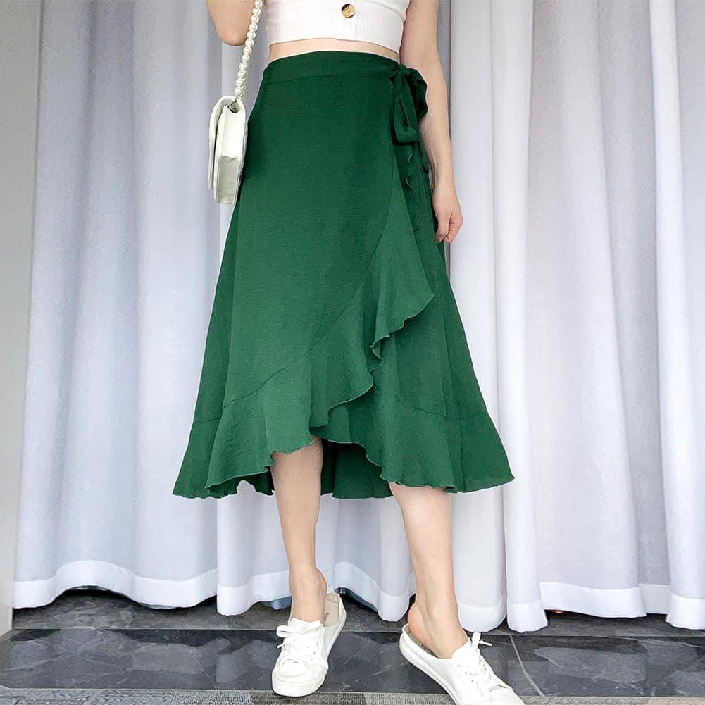 imageIDOPIP Women Irregular HighLow Hem Wrap Skirt Elegant High Waist Tie Side Midi Skirt Casual Summer Beach Ruffle Aline SkirtGreen