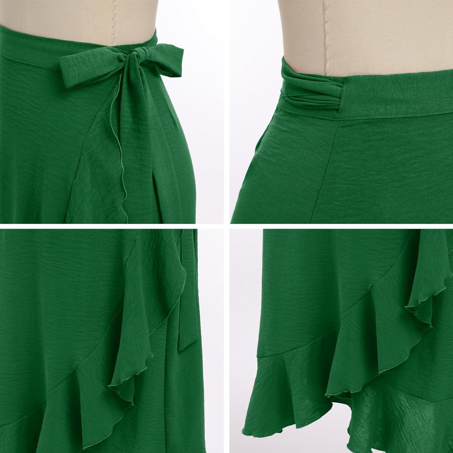 imageIDOPIP Women Irregular HighLow Hem Wrap Skirt Elegant High Waist Tie Side Midi Skirt Casual Summer Beach Ruffle Aline SkirtGreen