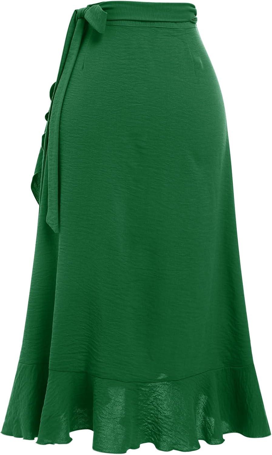imageIDOPIP Women Irregular HighLow Hem Wrap Skirt Elegant High Waist Tie Side Midi Skirt Casual Summer Beach Ruffle Aline SkirtGreen