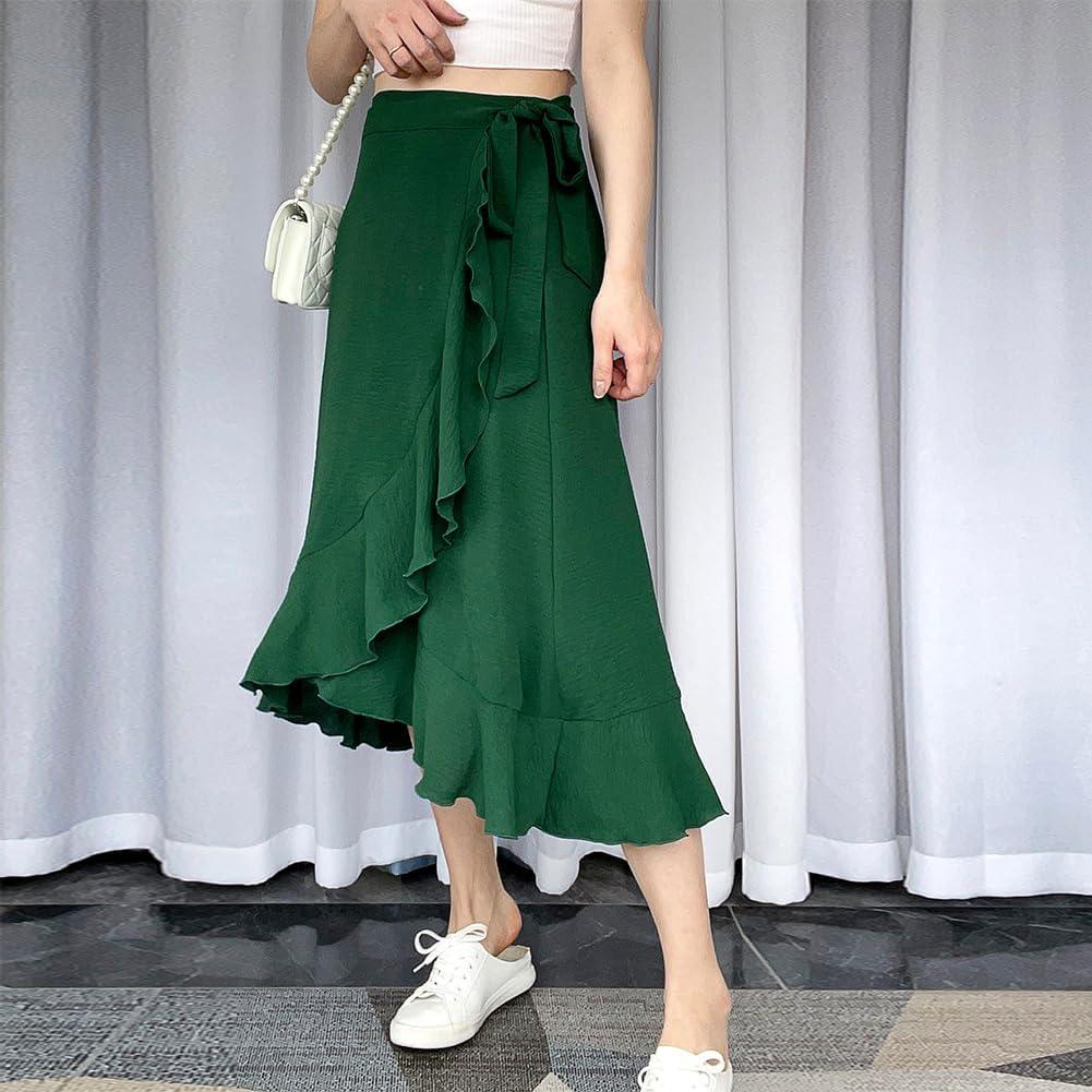 imageIDOPIP Women Irregular HighLow Hem Wrap Skirt Elegant High Waist Tie Side Midi Skirt Casual Summer Beach Ruffle Aline SkirtGreen