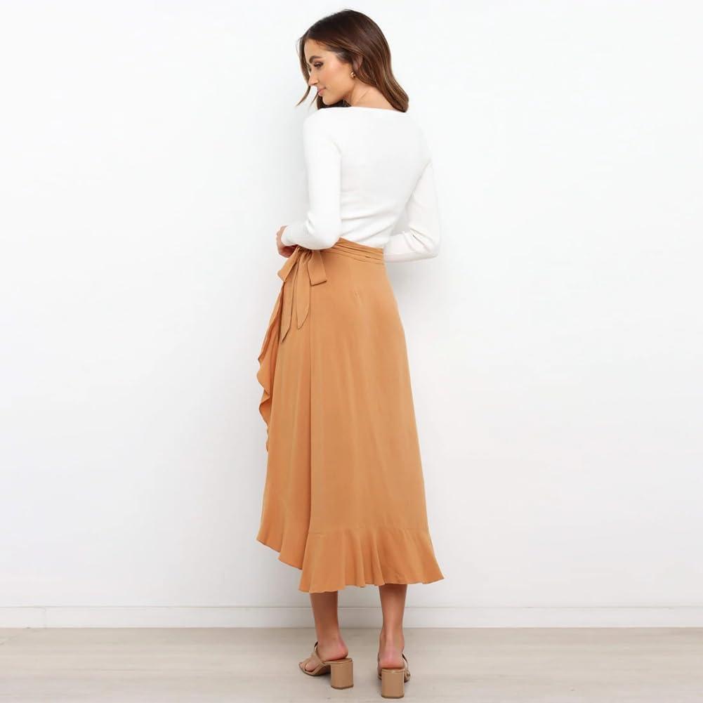 imageIDOPIP Women Irregular HighLow Hem Wrap Skirt Elegant High Waist Tie Side Midi Skirt Casual Summer Beach Ruffle Aline SkirtKhaki