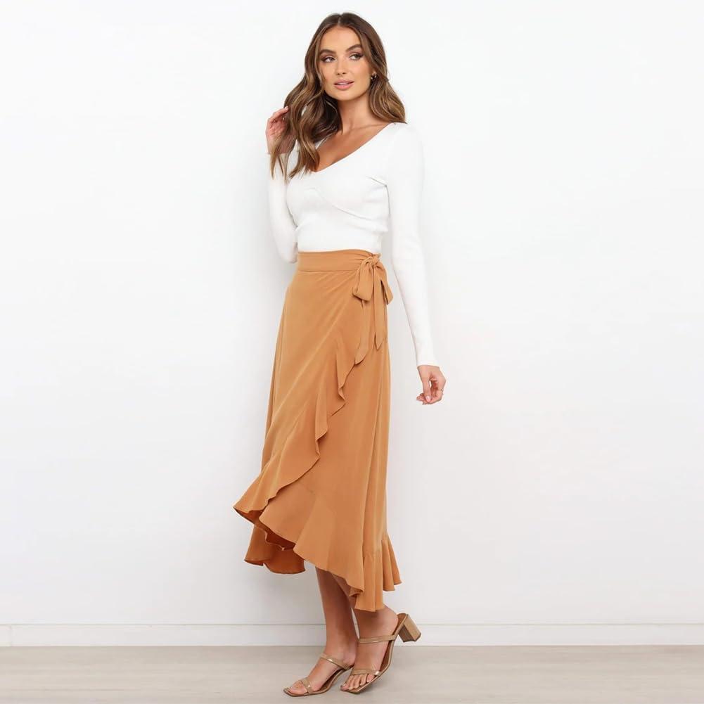 imageIDOPIP Women Irregular HighLow Hem Wrap Skirt Elegant High Waist Tie Side Midi Skirt Casual Summer Beach Ruffle Aline SkirtKhaki