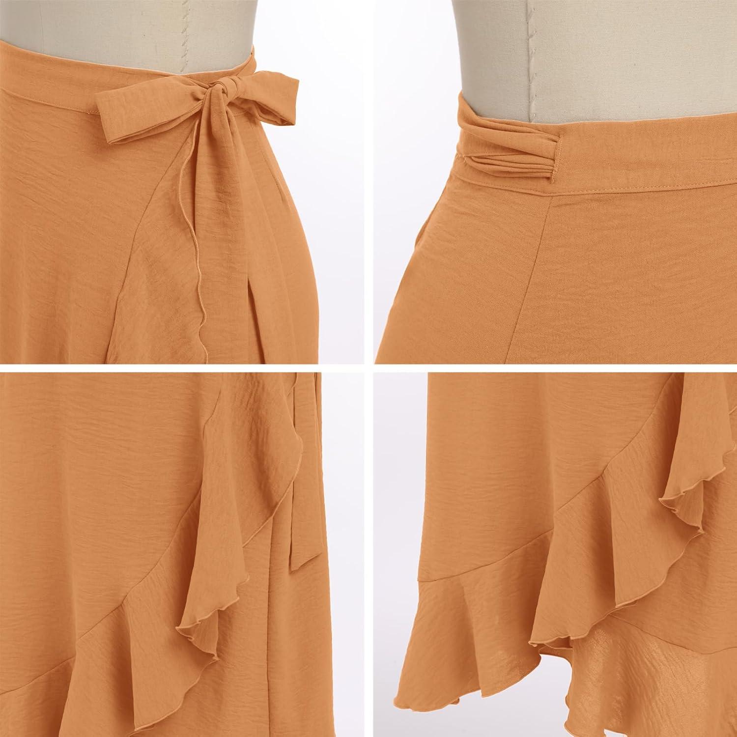 imageIDOPIP Women Irregular HighLow Hem Wrap Skirt Elegant High Waist Tie Side Midi Skirt Casual Summer Beach Ruffle Aline SkirtKhaki
