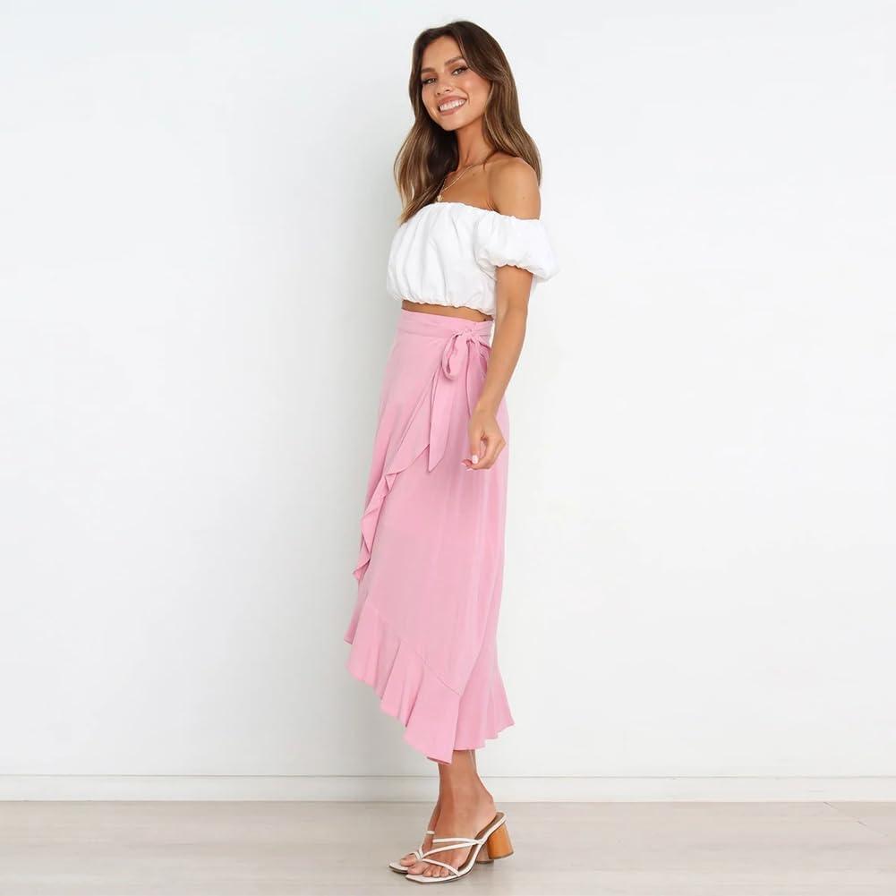 imageIDOPIP Women Irregular HighLow Hem Wrap Skirt Elegant High Waist Tie Side Midi Skirt Casual Summer Beach Ruffle Aline SkirtPink
