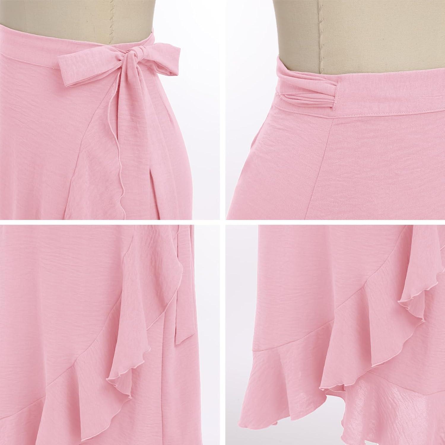 imageIDOPIP Women Irregular HighLow Hem Wrap Skirt Elegant High Waist Tie Side Midi Skirt Casual Summer Beach Ruffle Aline SkirtPink