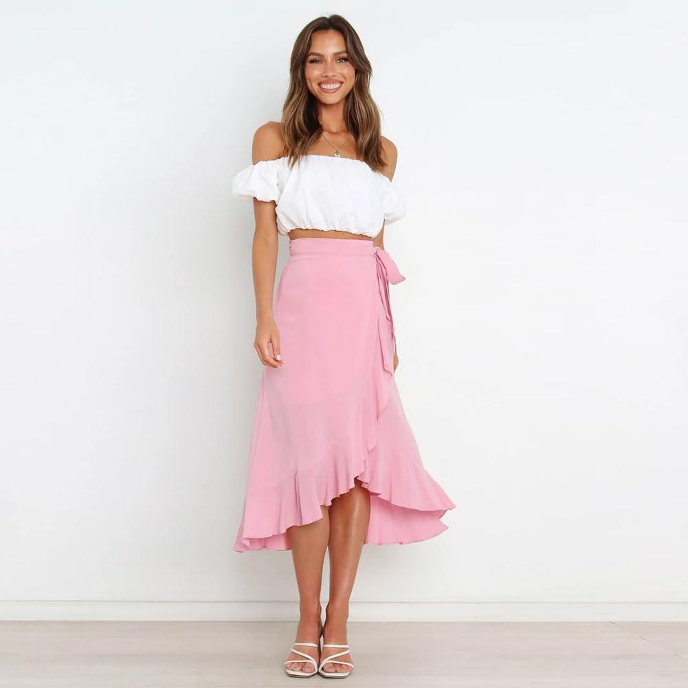 imageIDOPIP Women Irregular HighLow Hem Wrap Skirt Elegant High Waist Tie Side Midi Skirt Casual Summer Beach Ruffle Aline SkirtPink