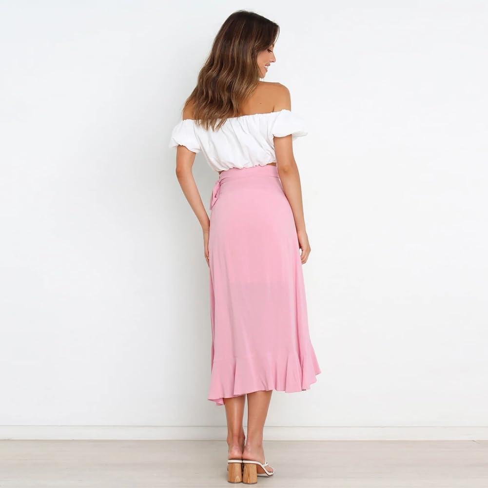 imageIDOPIP Women Irregular HighLow Hem Wrap Skirt Elegant High Waist Tie Side Midi Skirt Casual Summer Beach Ruffle Aline SkirtPink