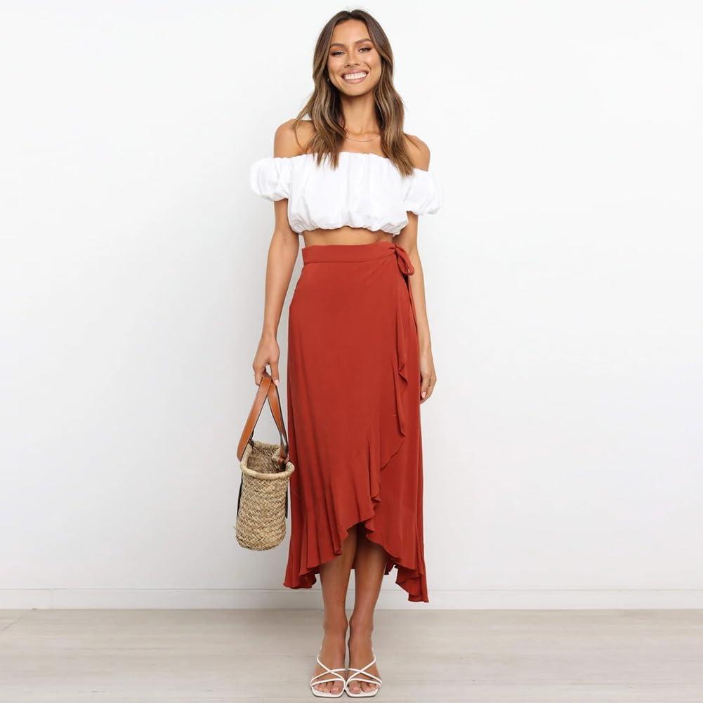 imageIDOPIP Women Irregular HighLow Hem Wrap Skirt Elegant High Waist Tie Side Midi Skirt Casual Summer Beach Ruffle Aline SkirtRed