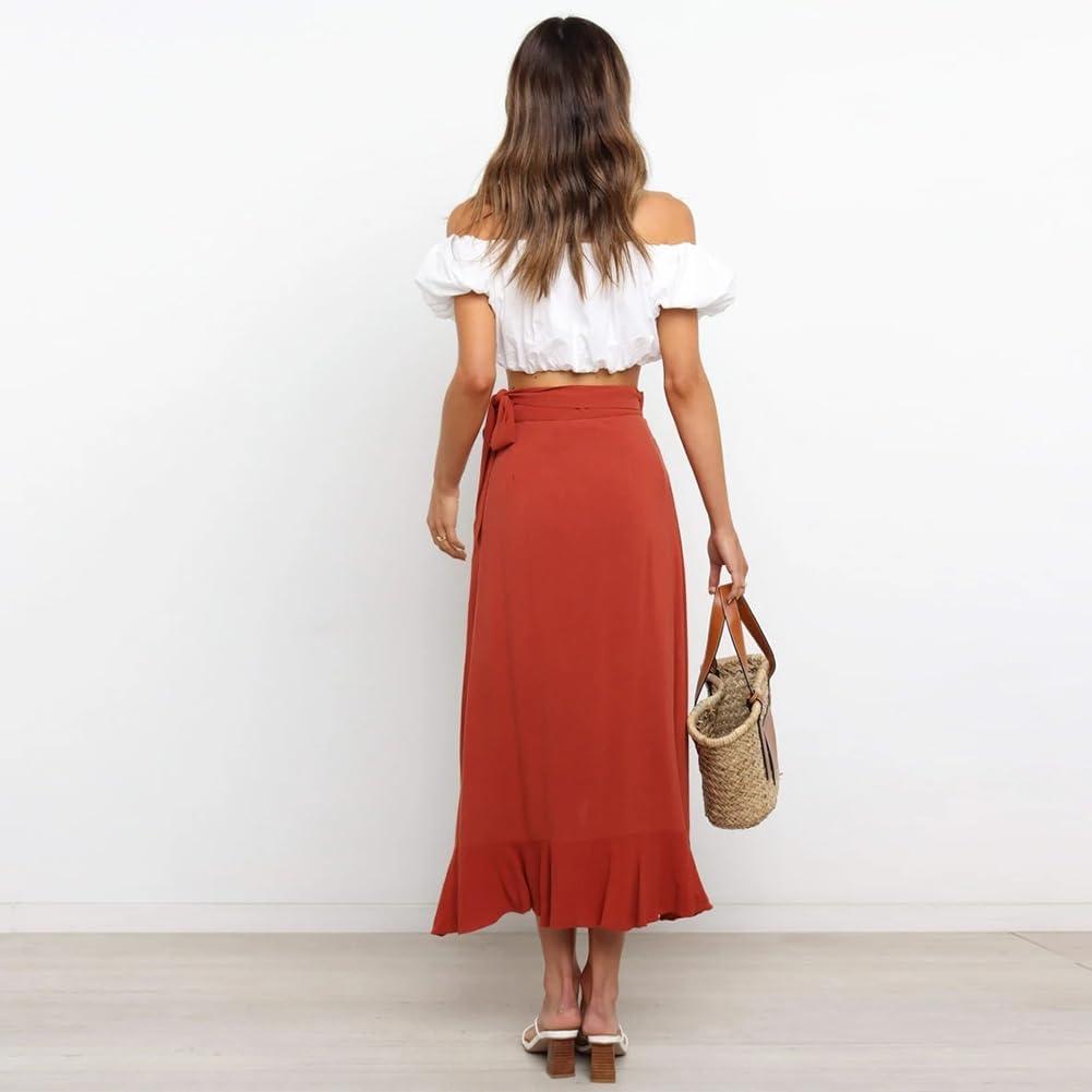 imageIDOPIP Women Irregular HighLow Hem Wrap Skirt Elegant High Waist Tie Side Midi Skirt Casual Summer Beach Ruffle Aline SkirtRed