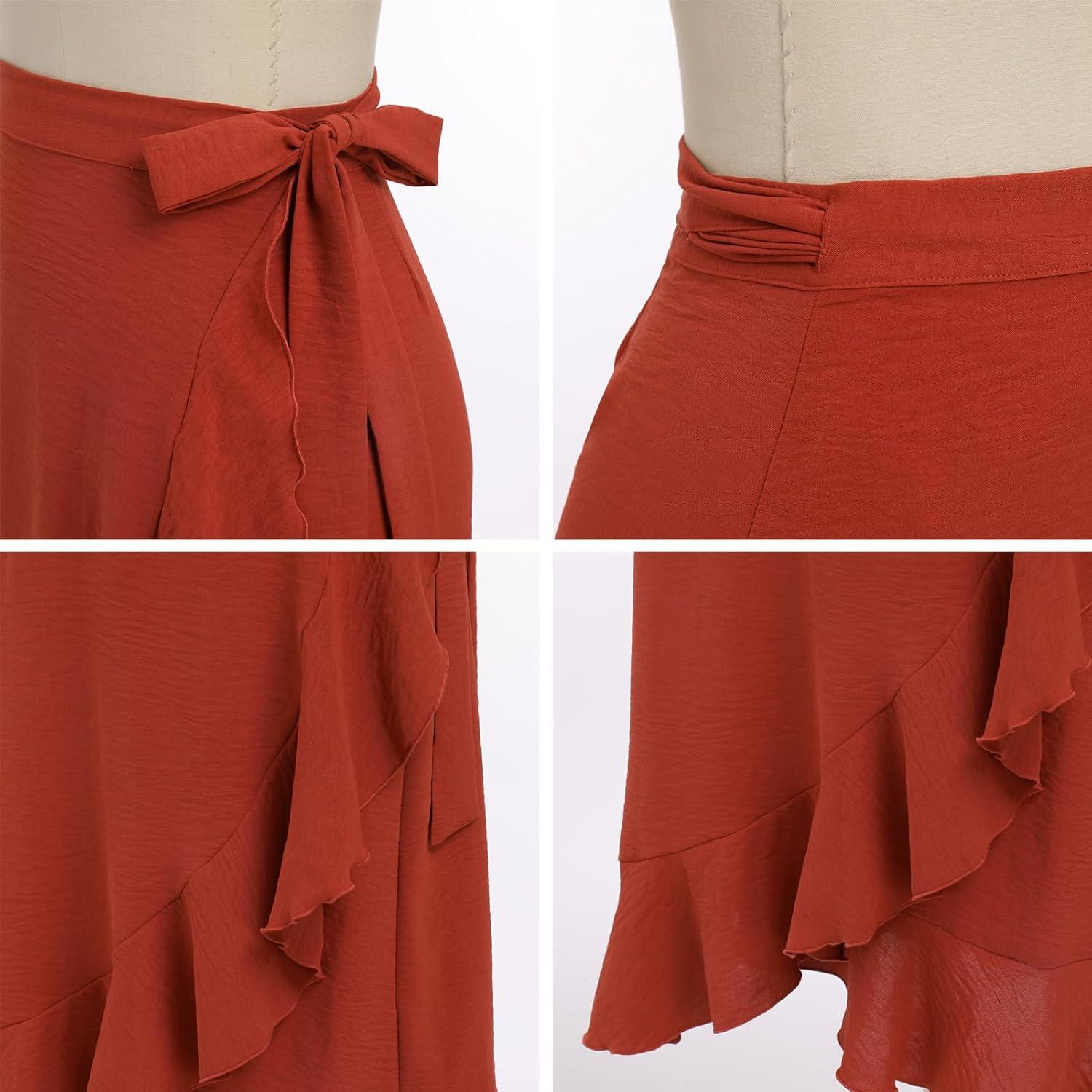 imageIDOPIP Women Irregular HighLow Hem Wrap Skirt Elegant High Waist Tie Side Midi Skirt Casual Summer Beach Ruffle Aline SkirtRed
