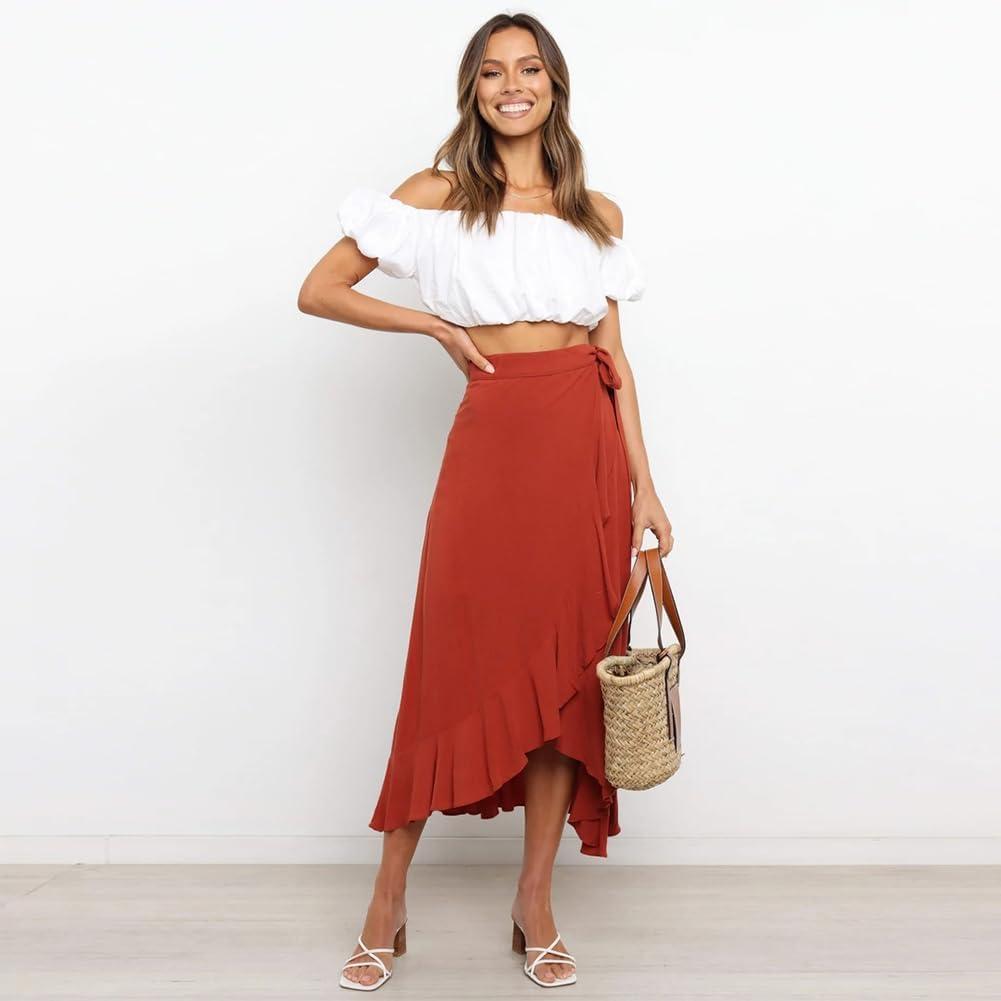 imageIDOPIP Women Irregular HighLow Hem Wrap Skirt Elegant High Waist Tie Side Midi Skirt Casual Summer Beach Ruffle Aline SkirtRed