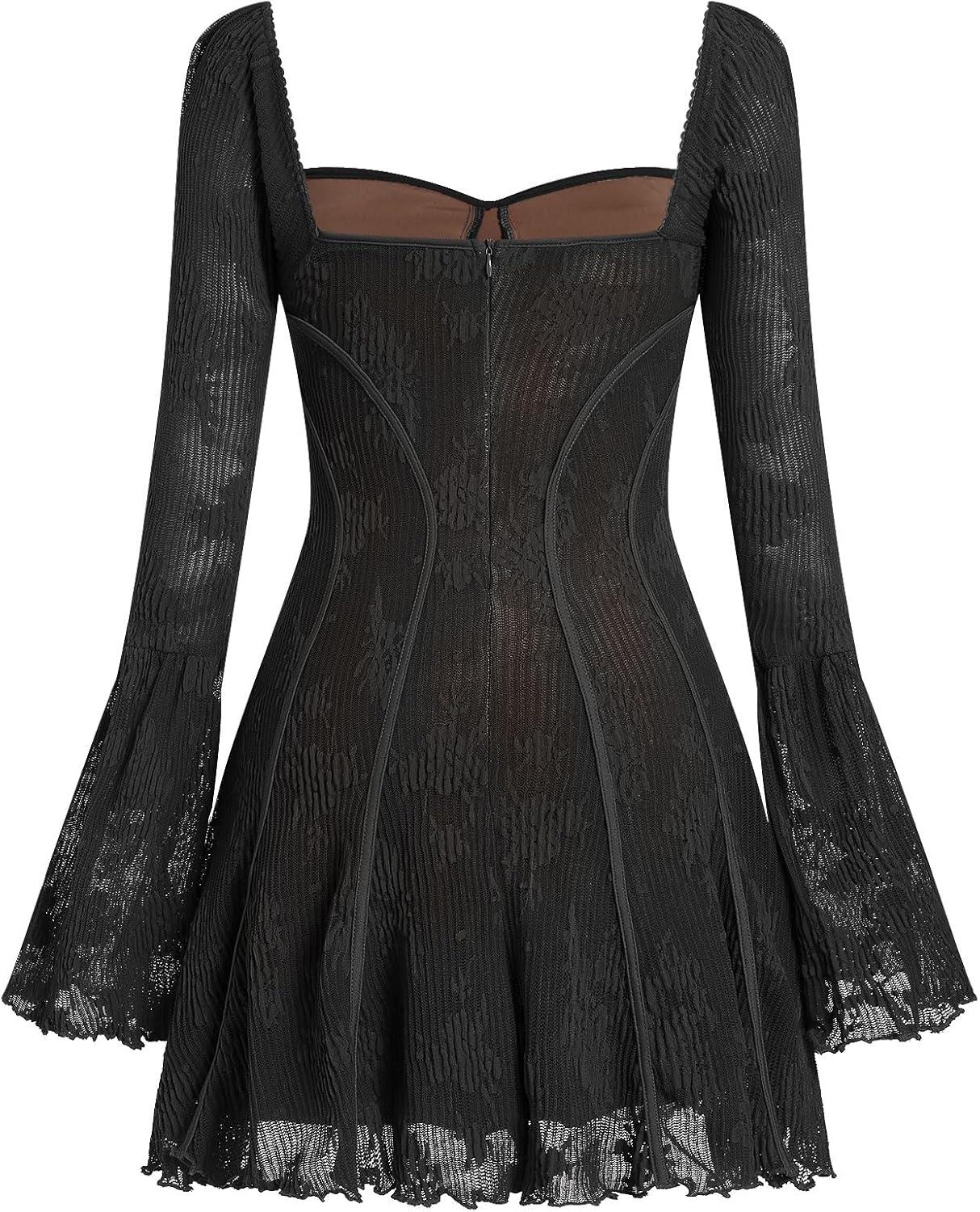 imageIDOPIP Women Long Bell Sleeve Corset Mini Dress Floral Lace Tie Front Ruffle Dress Empire Waist Club Cocktail Party DressBlack