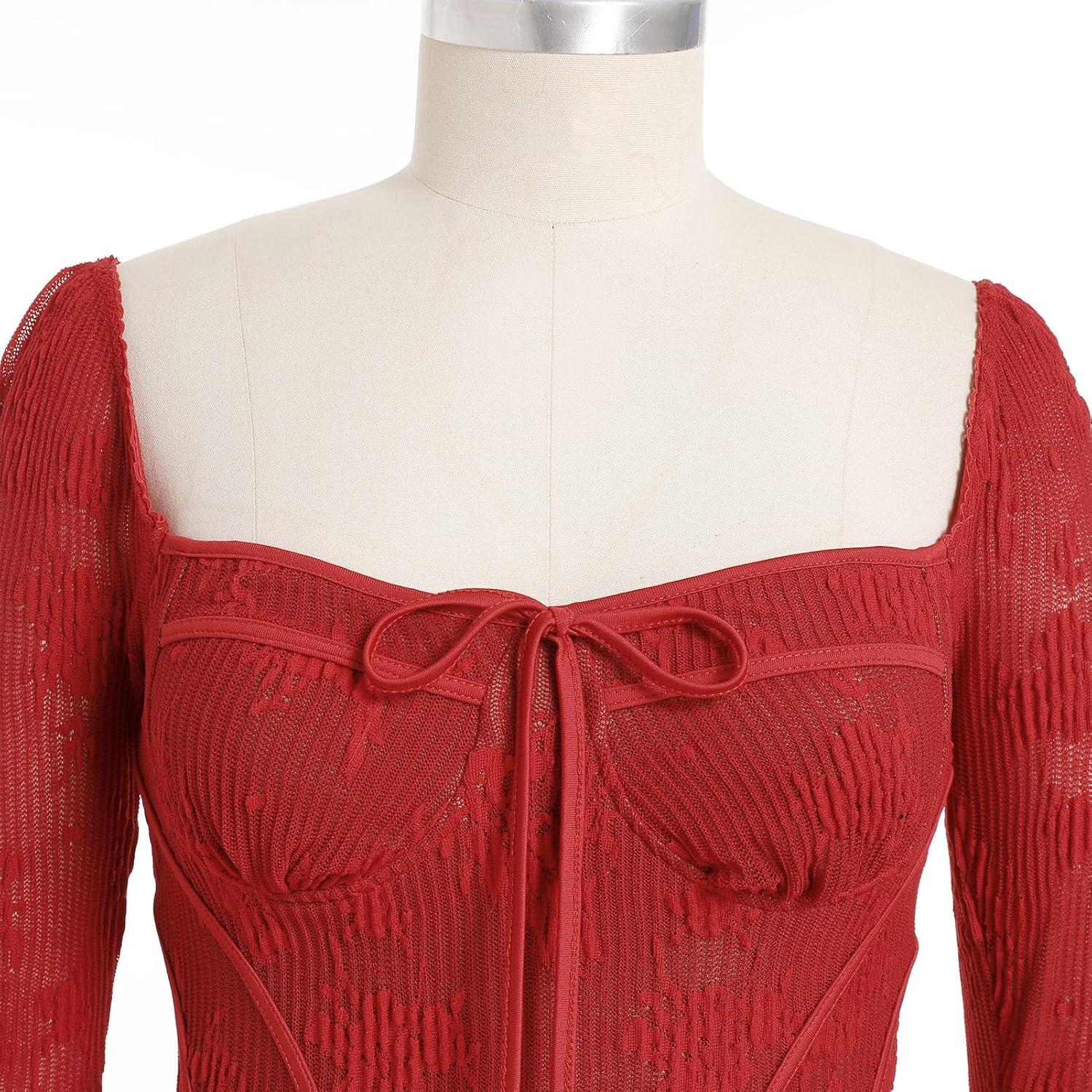 imageIDOPIP Women Long Bell Sleeve Corset Mini Dress Floral Lace Tie Front Ruffle Dress Empire Waist Club Cocktail Party DressRed