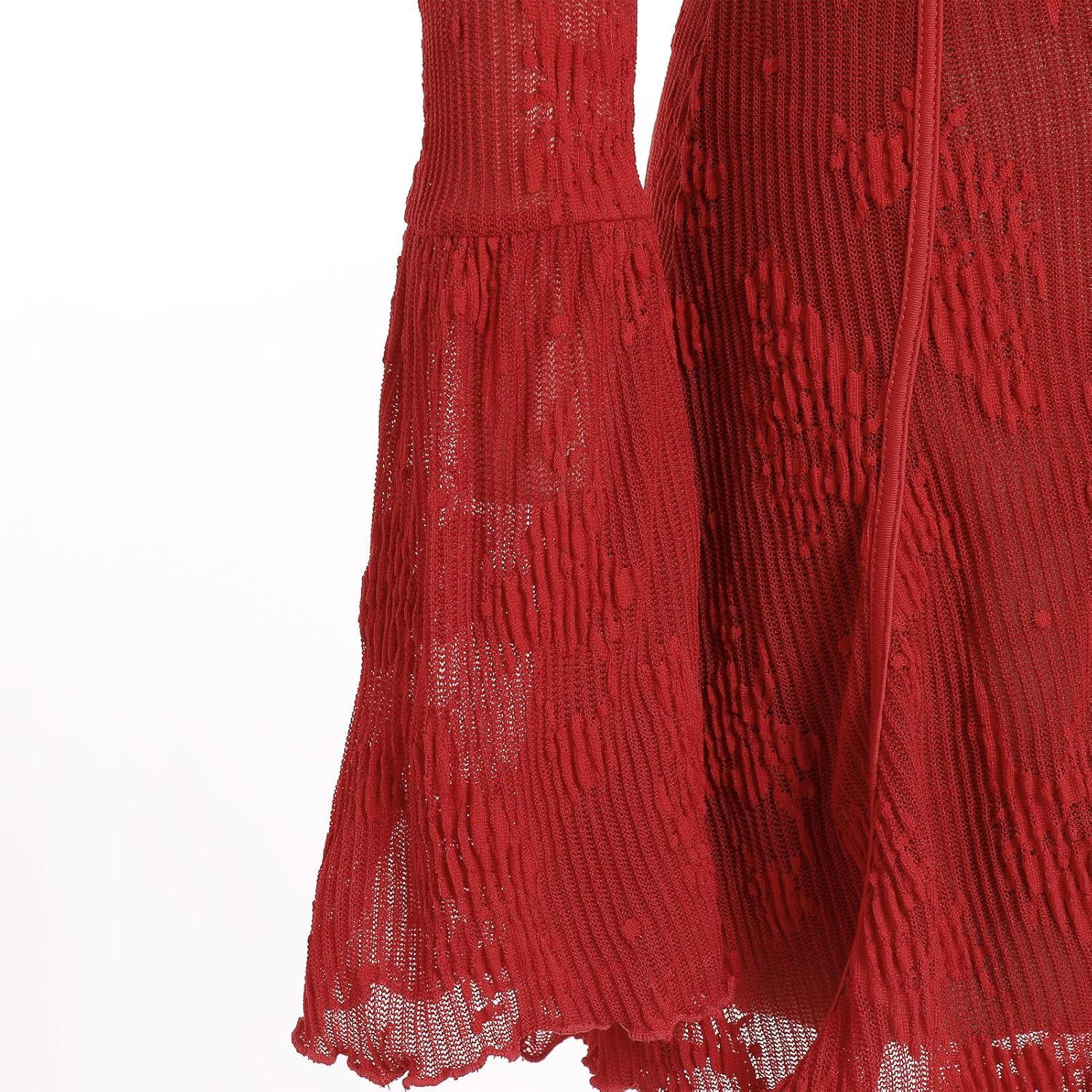 imageIDOPIP Women Long Bell Sleeve Corset Mini Dress Floral Lace Tie Front Ruffle Dress Empire Waist Club Cocktail Party DressRed