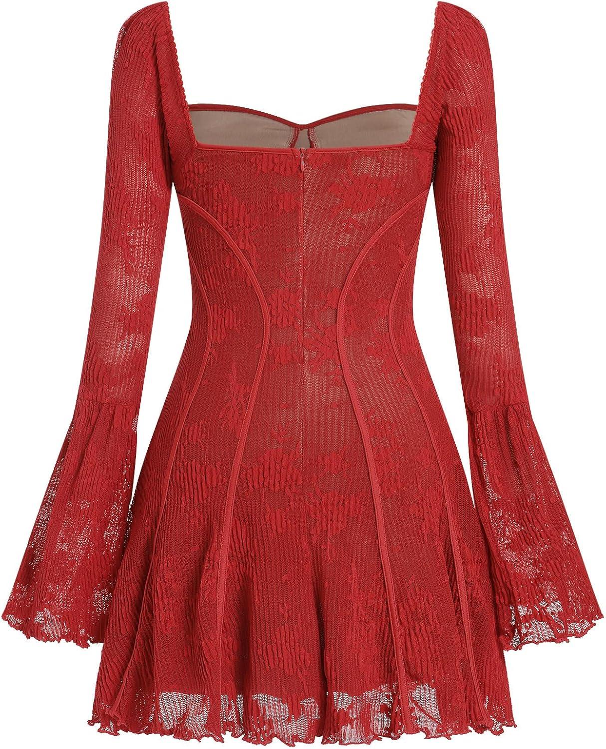 imageIDOPIP Women Long Bell Sleeve Corset Mini Dress Floral Lace Tie Front Ruffle Dress Empire Waist Club Cocktail Party DressRed