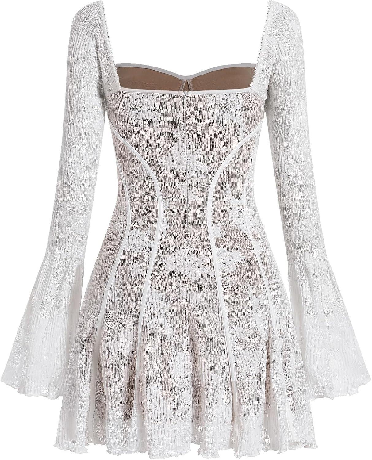imageIDOPIP Women Long Bell Sleeve Corset Mini Dress Floral Lace Tie Front Ruffle Dress Empire Waist Club Cocktail Party DressWhite