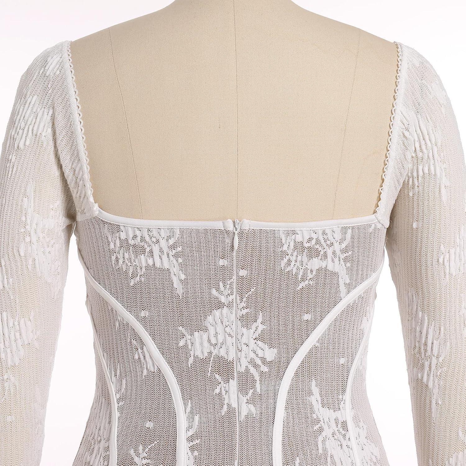 imageIDOPIP Women Long Bell Sleeve Corset Mini Dress Floral Lace Tie Front Ruffle Dress Empire Waist Club Cocktail Party DressWhite