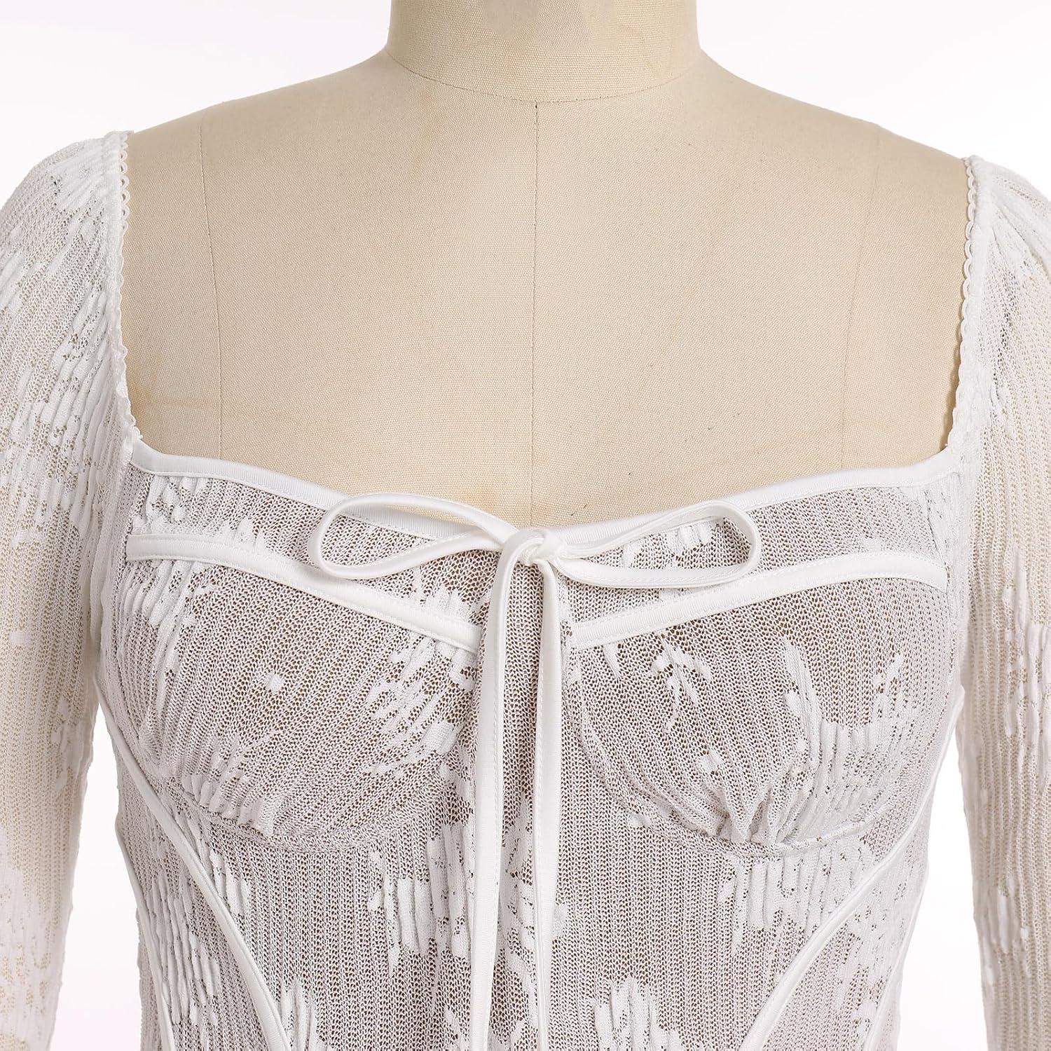 imageIDOPIP Women Long Bell Sleeve Corset Mini Dress Floral Lace Tie Front Ruffle Dress Empire Waist Club Cocktail Party DressWhite