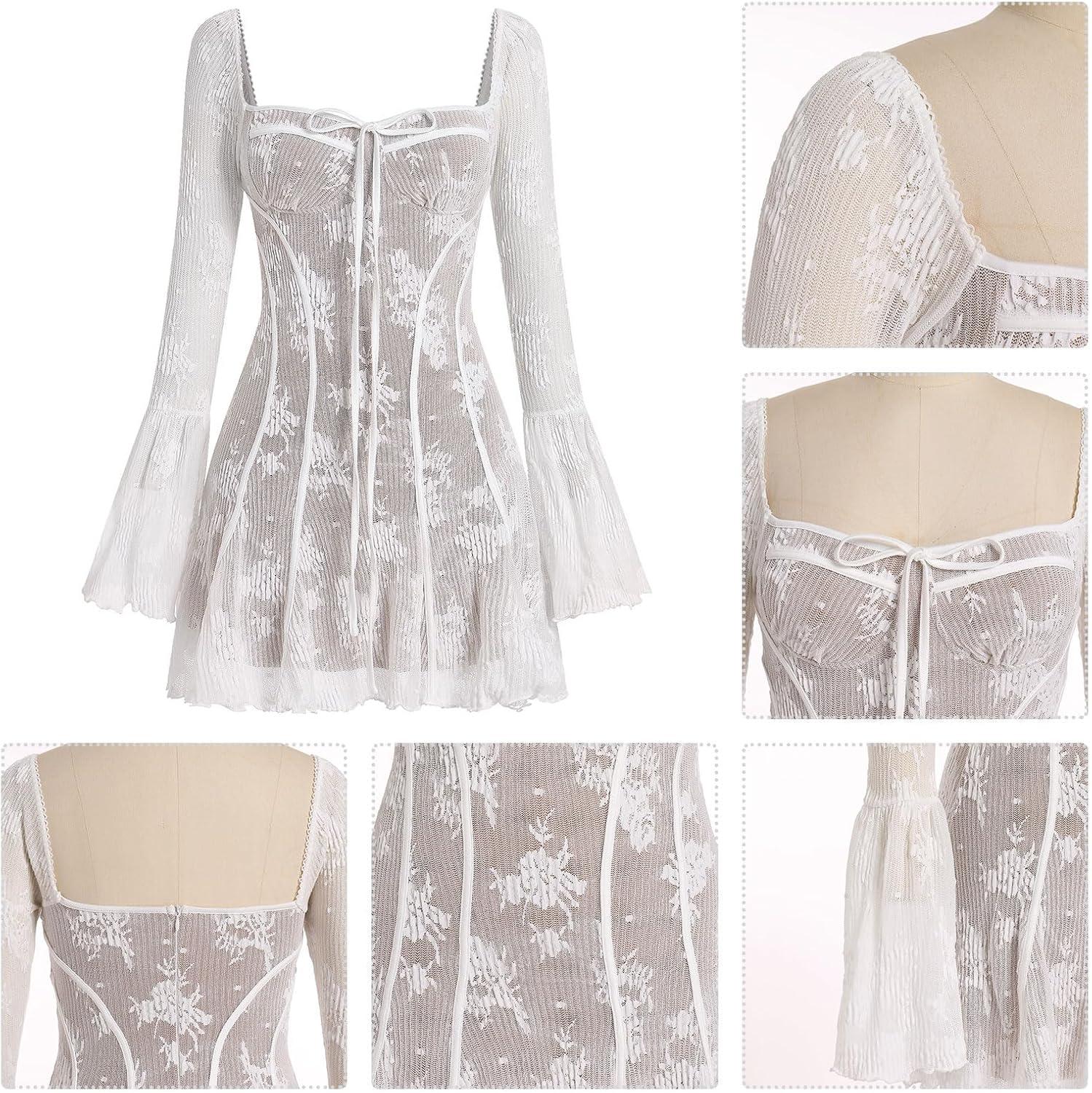 imageIDOPIP Women Long Bell Sleeve Corset Mini Dress Floral Lace Tie Front Ruffle Dress Empire Waist Club Cocktail Party DressWhite